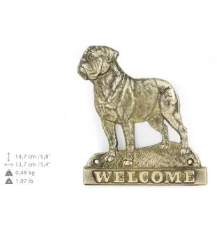 Dogue de Bordeaux, French Mastiff, Bordeauxdog - a door sign with a dog, a brass welcome plaque, a unique sign with the inscription Welcome from the Art-Dog brand