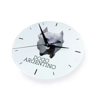 Argentinische Dogge, Dogo Argentino - geometrische Wanduhr mit Bild und Aufschrift der Marke Art-Dog
