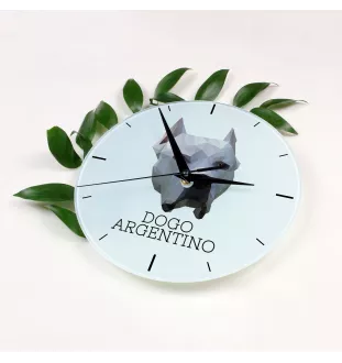 Argentinische Dogge, Dogo Argentino - geometrische Wanduhr mit Bild und Aufschrift der Marke Art-Dog