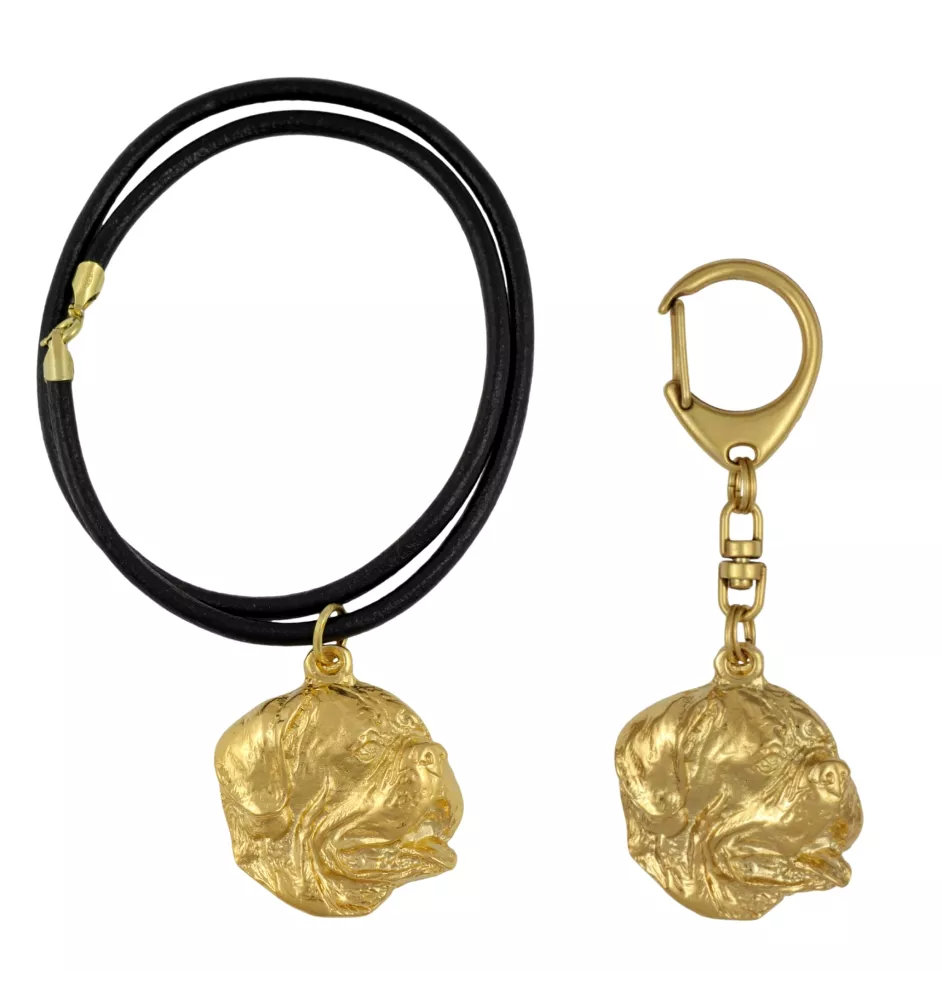 Dogue de Bordeaux I - porte-clés et collier avec chien dans une boîte, produit plaqué or de haute qualité, marque Art-Dog