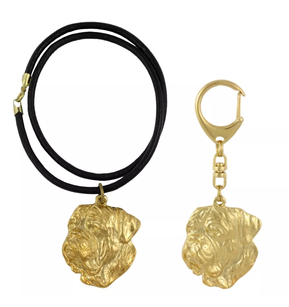 Dogue de Bordeaux II - porte-clés et collier avec chien dans une boîte, produit plaqué or de haute qualité, marque Art-Dog