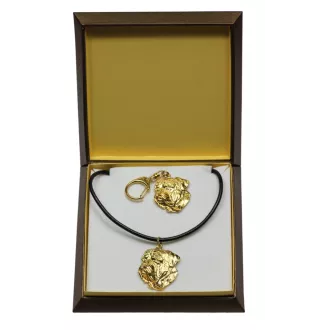 Dogue de Bordeaux, French Mastiff, Bordeauxdog II - keychain and necklace with a dog in a box, high-quality gold-plated product, Art-Dog brand