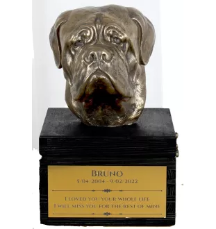 Bordeauxdogge, Dogue de Bordeaux - eine Urne mit Gravur und Hundeskulptur, letzter Abschied, handgefertigtes Produkt der Marke Art-Dog