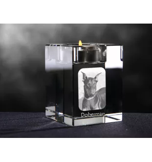 Dobermann, Dobermann Pinscher - Bougeoir avec photo de chien, porte bougie en cristal, cadeau personnalisé par la marque Art-Dog