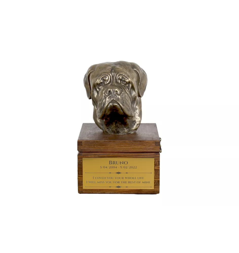 Bordeauxdogge, Dogue de Bordeaux - Eine Ascheurne für Hunde mit einer Statuette, eine kleine Urne für Hunde, eine personalisierte Urne mit dem Porträt eines Hundes von der Marke Art-Dog.