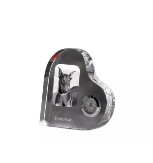 Dobermann - Kristalluhr mit einem Hundebild, Herzregal-Uhr, personalisierte Standuhr der Marke Art-Dog