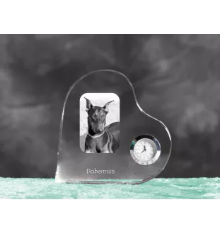 Dobermann, Doberman Pinscher, Dobie - crystal clock with a dog picture, heart-shaped shelf clock, personalized standing clock by Art-Dog brand