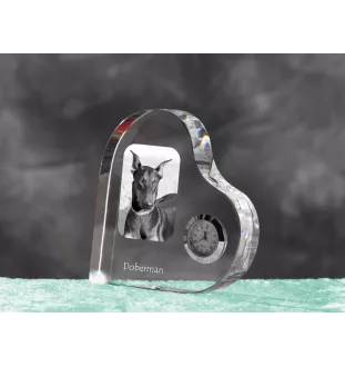 Dobermann - Kristalluhr mit einem Hundebild, Herzregal-Uhr, personalisierte Standuhr der Marke Art-Dog