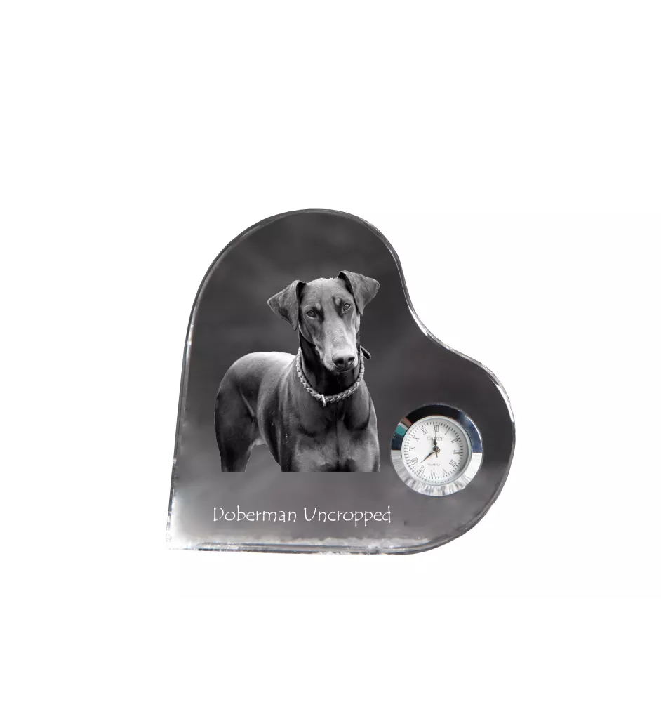 Dobermann I - Kristalluhr mit einem Hundebild, Herzregal-Uhr, personalisierte Standuhr der Marke Art-Dog