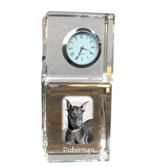 Dobermann, Dobermann Pinscher - montre en cristal avec photo, photo de chien dans un cristal, horloge de bureau personnalisée de la marque Art-Dog