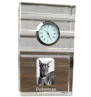 Dobermann - Glasuhr mit Foto, Foto eines Hundes im Kristall, personalisierte Tischuhr für das Büro der Marke Art-Dog