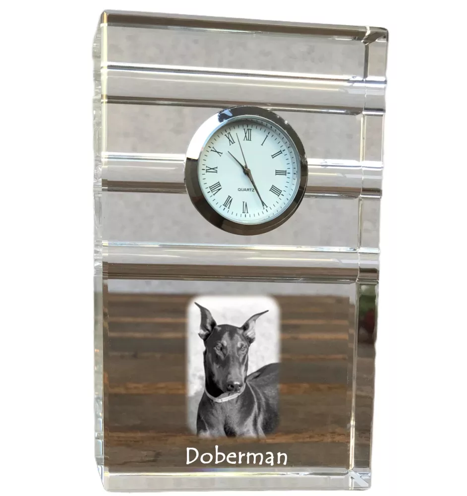 Dobermann, Doberman Pinscher, Dobie - glass clock with a photo, photo of a dog in crystal, personalized standing office clock by Art-Dog brand