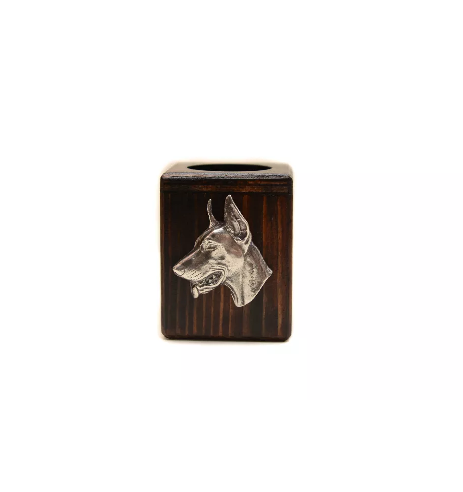 Dobermann, Doberman Pinscher, Dobie I - wooden candle holder with a dog, a unique souvenir after losing a dog, a handicraft from the Art-Dog brand