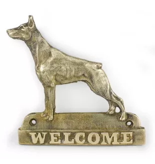 Dobermann - Türschild mit Hund, messingfarbenes Willkommensschild, einzigartiges Schild mit der Aufschrift Welcome von der Marke Art-Dog