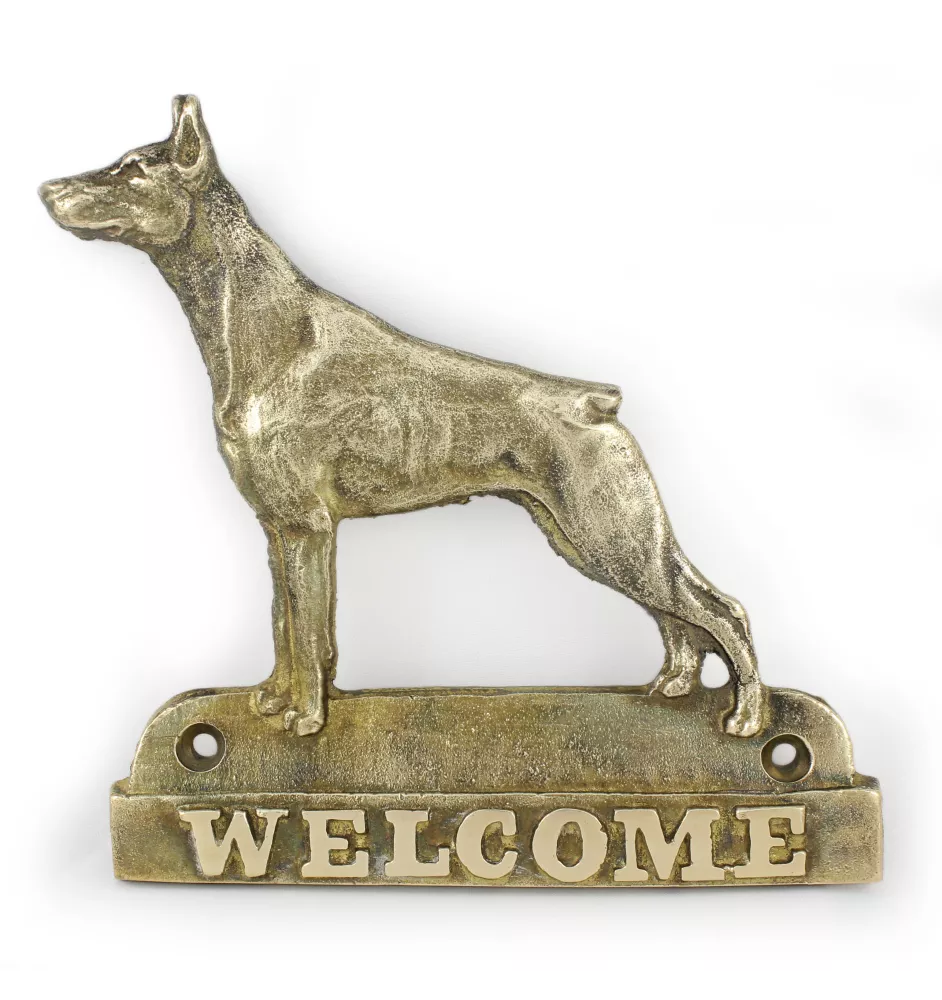 Dobermann - Türschild mit Hund, messingfarbenes Willkommensschild, einzigartiges Schild mit der Aufschrift Welcome von der Marke Art-Dog