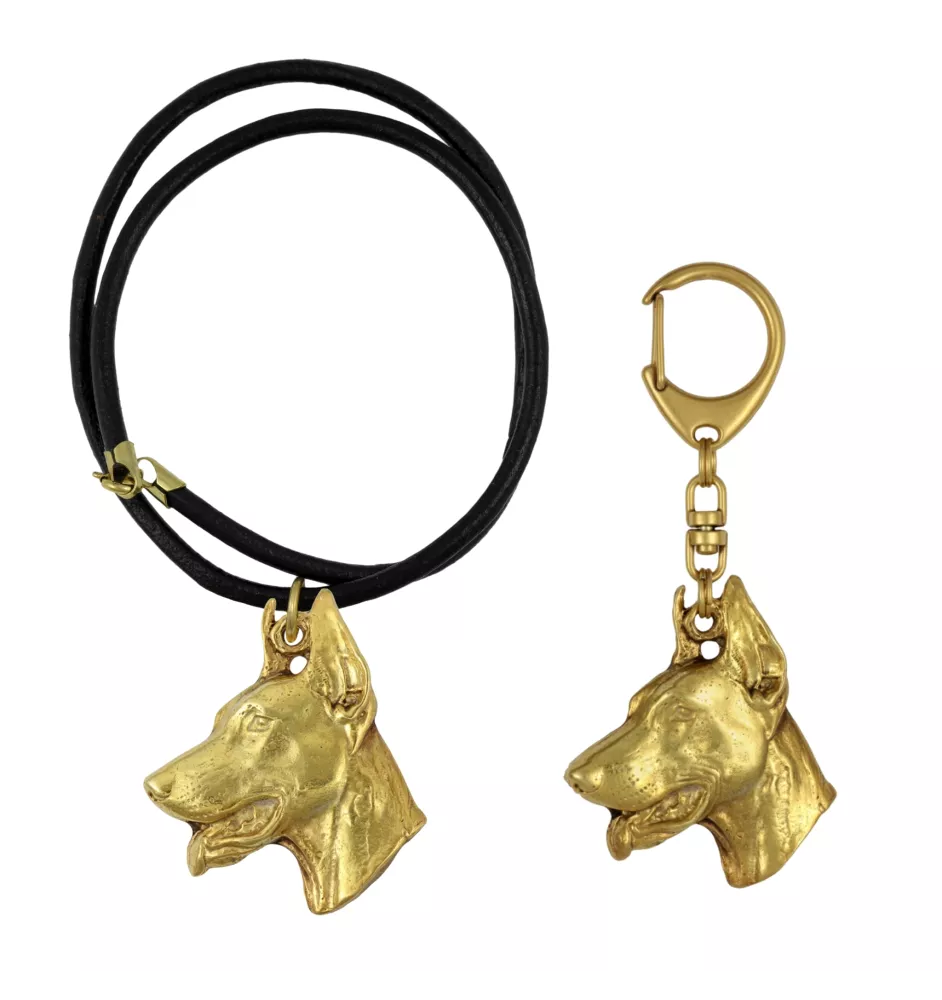 Dobermann, Doberman Pinscher, Dobie I - keychain and necklace with a dog in a box, high-quality gold-plated product, Art-Dog brand