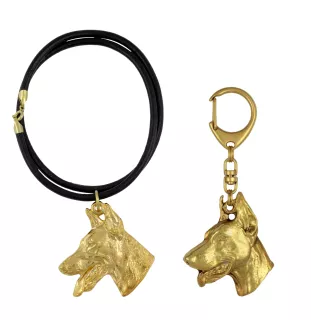 Dobermann, Doberman Pinscher, Dobie - keychain and necklace with a dog in a box, high-quality gold-plated product, Art-Dog brand