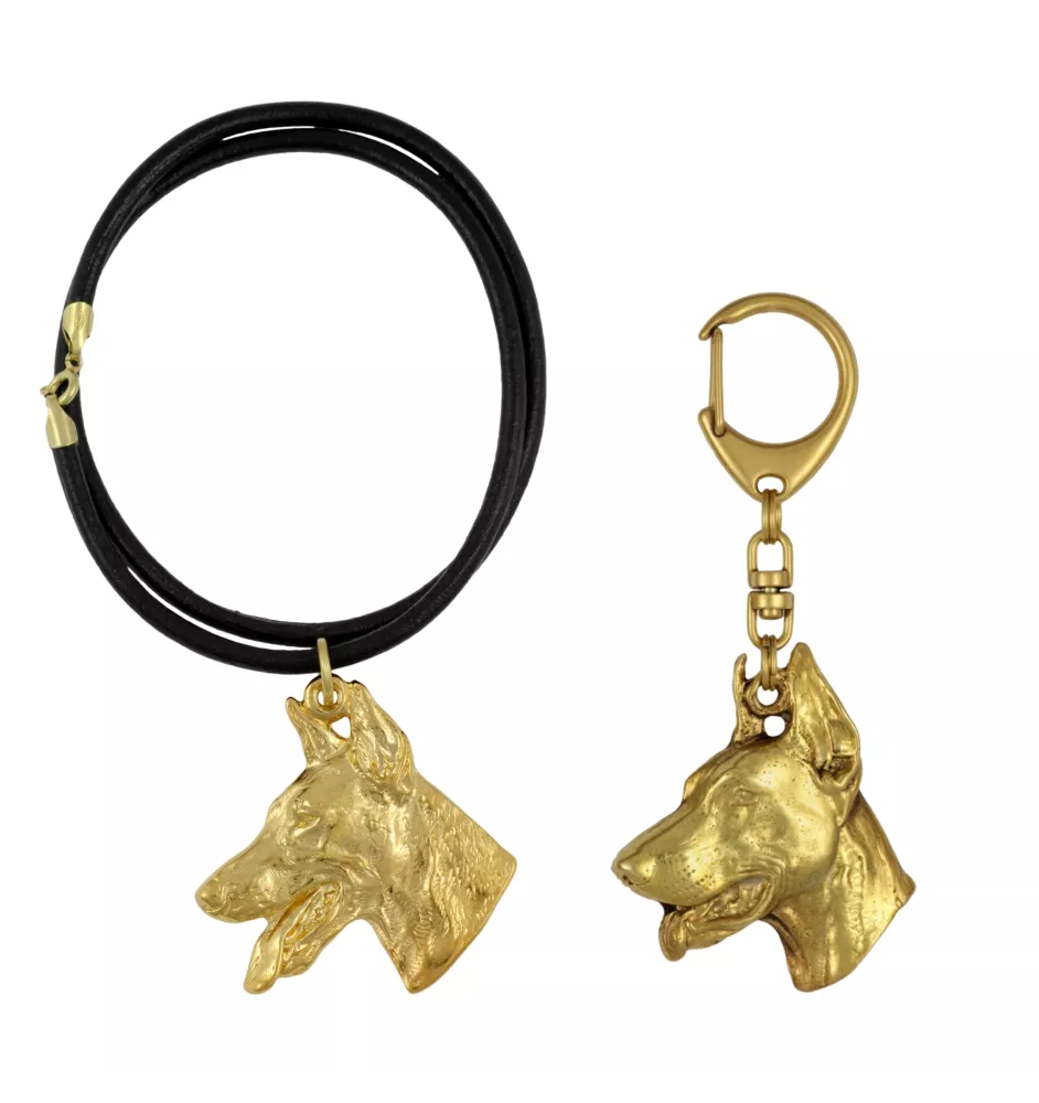 Dobermann, Doberman Pinscher, Dobie - keychain and necklace with a dog in a box, high-quality gold-plated product, Art-Dog brand