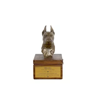 Dobermann I - Eine Ascheurne für Hunde mit einer Statuette, eine kleine Urne für Hunde, eine personalisierte Urne mit dem Porträt eines Hundes von der Marke Art-Dog.