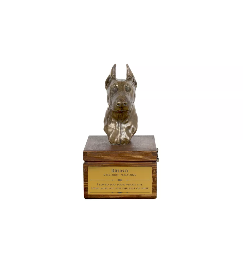 Dobermann, Doberman Pinscher, Dobie I - urn for dog ashes with a statuette, small urn for a dog, personalized urn with a bust of a dog by Art-Dog brand