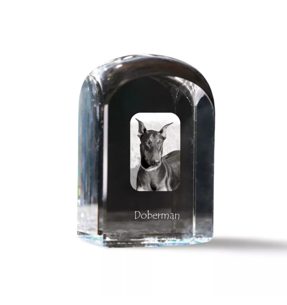 Dobermann, Doberman Pinscher, Dobie - crystal cube with a photo, photo of a dog in crystal, cubic paperweight from Art-Dog brand