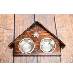 Dobermann, Doberman Pinscher, Dobie - wooden stand with bowls for a dog, decorative dog bowls, a gift for adopting a dog from the Art-Dog brand