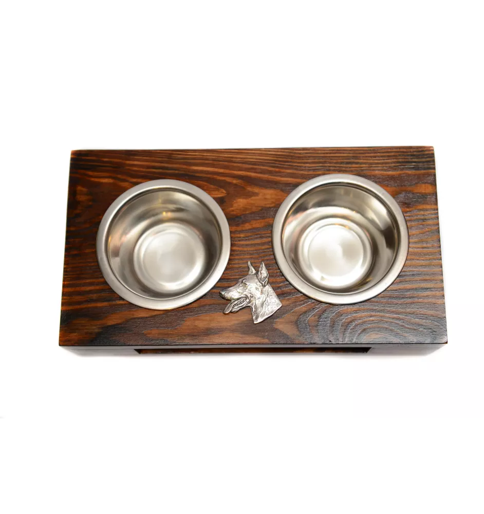 Dobermann, Doberman Pinscher, Dobie - wooden stand with bowls for a dog, steel dog bowls, a gift for adopting a dog from the Art-Dog brand