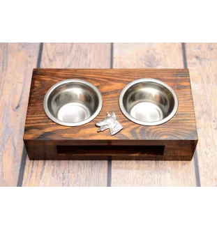 Dobermann, Doberman Pinscher, Dobie - wooden stand with bowls for a dog, steel dog bowls, a gift for adopting a dog from the Art-Dog brand