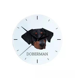 Dobermann - geometrische Wanduhr mit Bild und Aufschrift der Marke Art-Dog