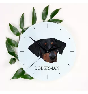 Dobermann - geometrische Wanduhr mit Bild und Aufschrift der Marke Art-Dog