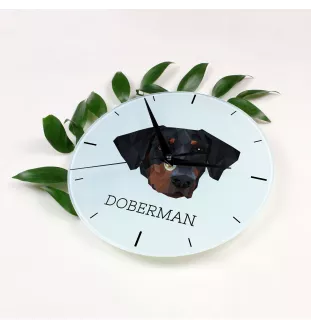 Dobermann - geometrische Wanduhr mit Bild und Aufschrift der Marke Art-Dog
