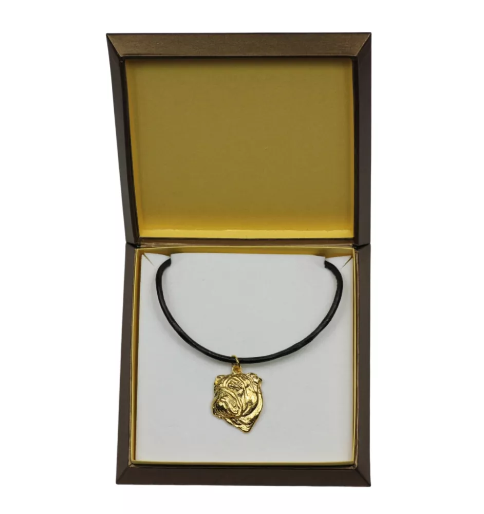 Bulldog, Englische Bulldogge II - Hundehalsband in Geschenkbox, vergoldeter Anhänger für Hundefans, auffälliger Schmuck von Art-Dog