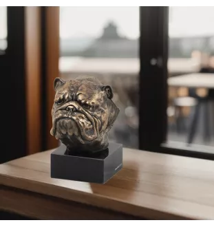 Bulldog, Englische Bulldogge - Hundestatue, Büste auf Steinsockel, Skulptur, Trophäe für Hundeausstellung der Marke Art-Dog