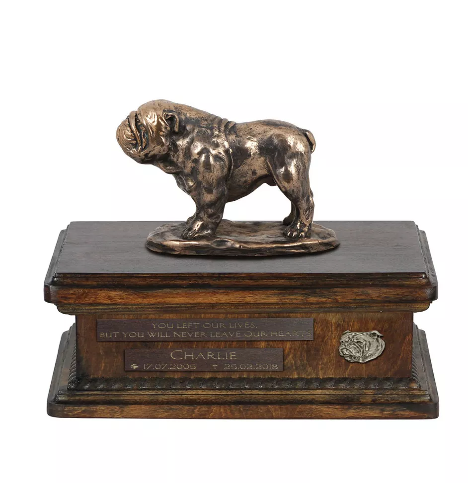 Bulldog - urn for dog ashes, personalized urn with a statue, wooden urn with a dog by Art-Dog brand