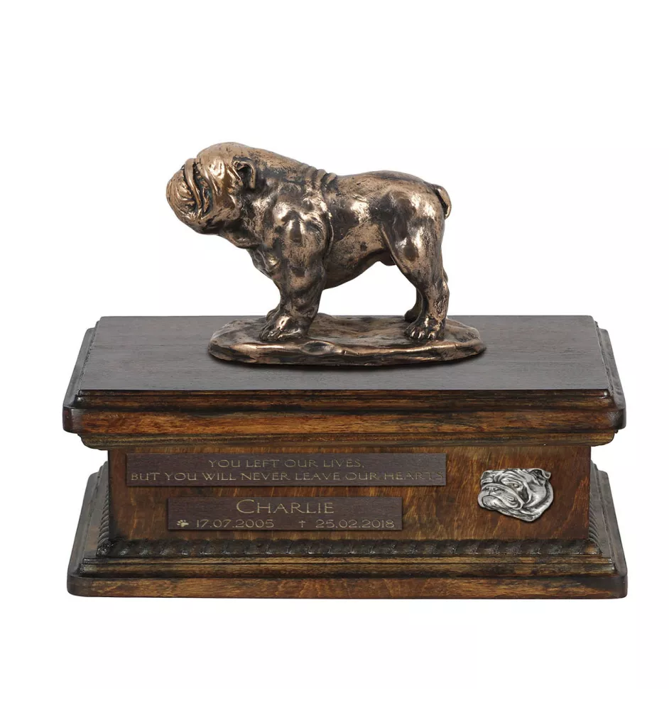 Bulldogge I urne in Hundeasche, personalisierte Urne mit Statue, Holzurne mit Hund von Art-Dog