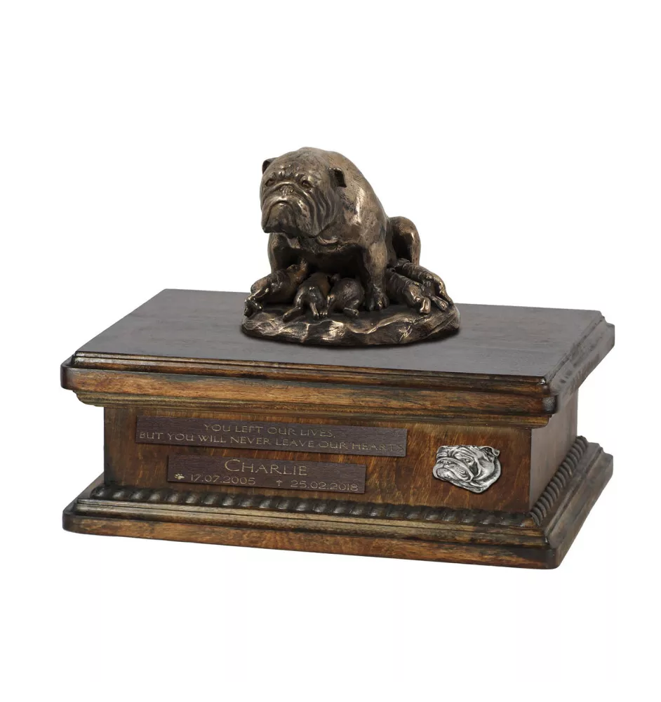 Bulldog III - urn for dog ashes, personalized urn with a statue, wooden urn with a dog by Art-Dog brand
