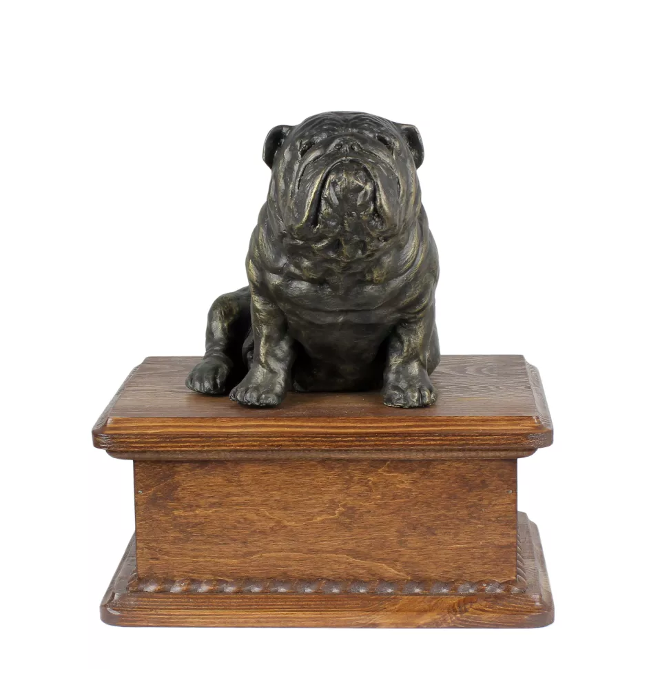 Bulldog, English Bulldog, British Bulldog - urn for dog ashes with a statuette, personalized wooden urn, small urn for dog ashes by Art-Dog brand