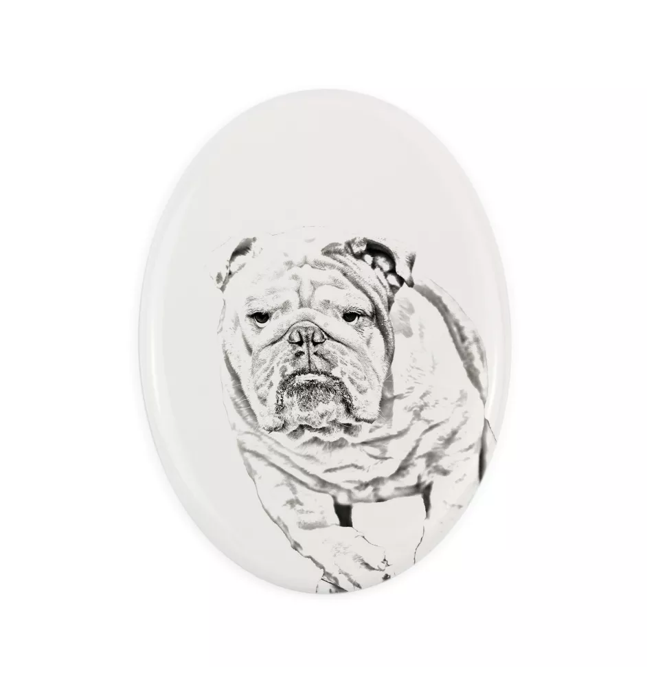 Bulldog, Englische Bulldogge - Gedenktafel mit einem Foto eines Hundes, Grabplatte mit Druck, personalisierte ovale Platte der Marke Art-Dog