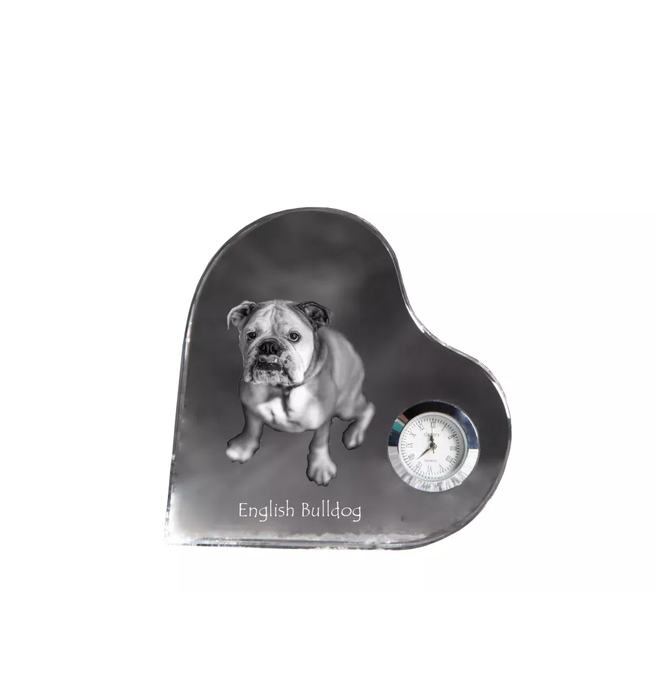 Bulldog, Englische Bulldogge - Kristalluhr mit einem Hundebild, Herzregal-Uhr, personalisierte Standuhr der Marke Art-Dog