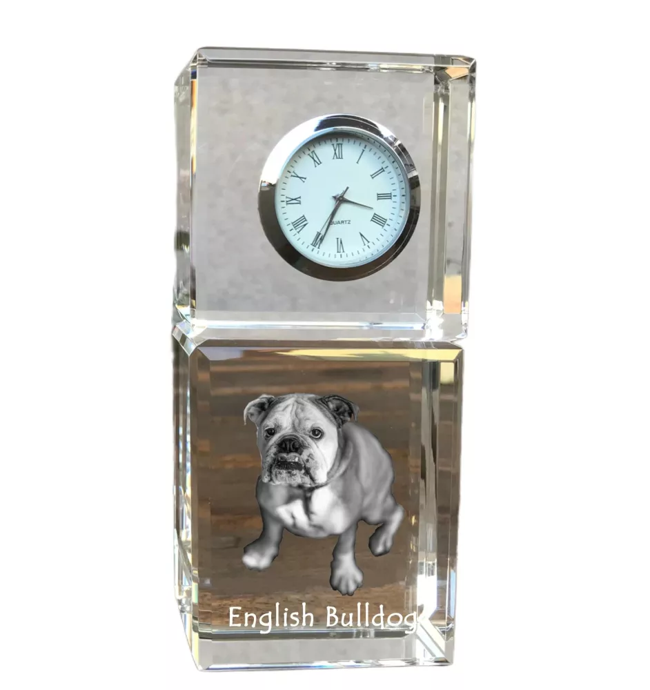 Bulldog, English Bulldog, British Bulldog - crystal clock with a photo, a photo of a dog in crystal, personalized desk clock by Art-Dog brand