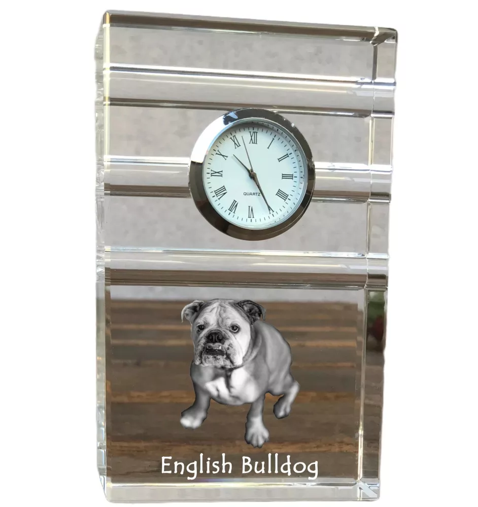 Bulldog, Englische Bulldogge - Glasuhr mit Foto, Foto eines Hundes im Kristall, personalisierte Tischuhr für das Büro der Marke Art-Dog