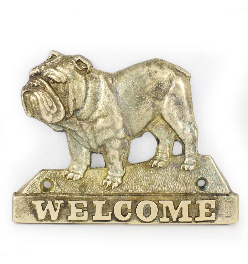 Bulldogge - Türschild mit Hund, messingfarbenes Willkommensschild, einzigartiges Schild mit der Aufschrift Welcome von der Marke Art-Dog