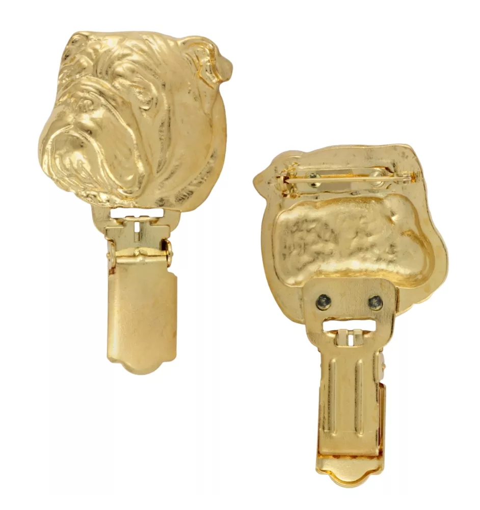 Bulldog, Englische Bulldogge - Brosche mit Clip, vergoldeter Startnummernhalter, elegante Hundeaustellungsnadel der Marke Art-Dog