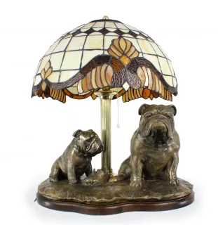 Bulldog, Englische Bulldogge - Lampe mit einem Lampenschirm aus Tiffanyglas, Tischlampe mit einer Hunde-Statuette, Inneneinrichtung im Retro-Stil der Marke Art-Dog