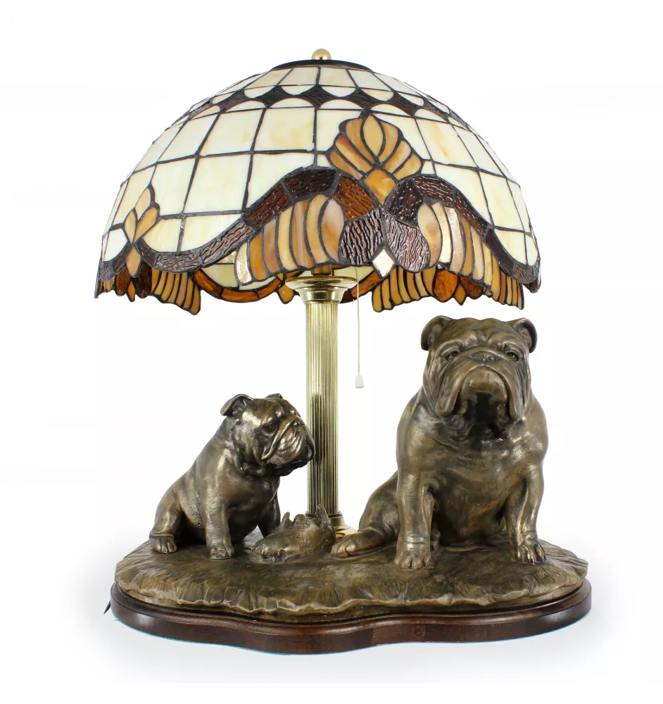 Bulldog, English Bulldog, British Bulldog - stained glass lamp with a lampshade, table lamp with a dog statue, interior decor in retro style by Art-Dog brand