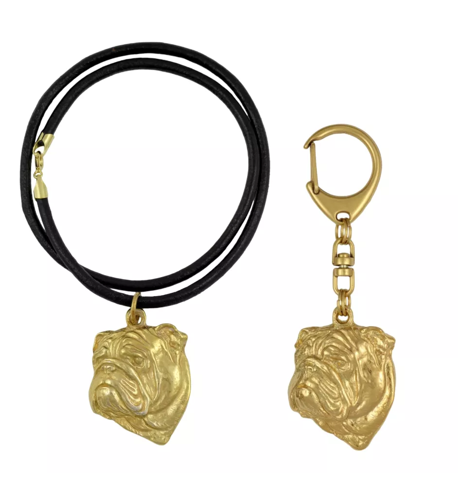 Bulldog, English Bulldog, British Bulldog I - keychain and necklace with a dog in a box, high-quality gold-plated product, Art-Dog brand