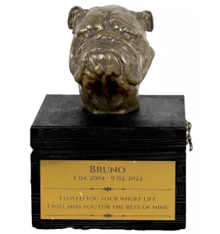 Bulldog, English Bulldog, British Bulldog - an urn with an engraving and a sculpture of a dog, a handmade product by the Art-Dog brand.