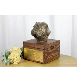 Bulldog, Englische Bulldogge - Eine Ascheurne für Hunde mit einer Statuette, eine kleine Urne für Hunde, eine personalisierte Urne mit dem Porträt eines Hundes von der Marke Art-Dog.