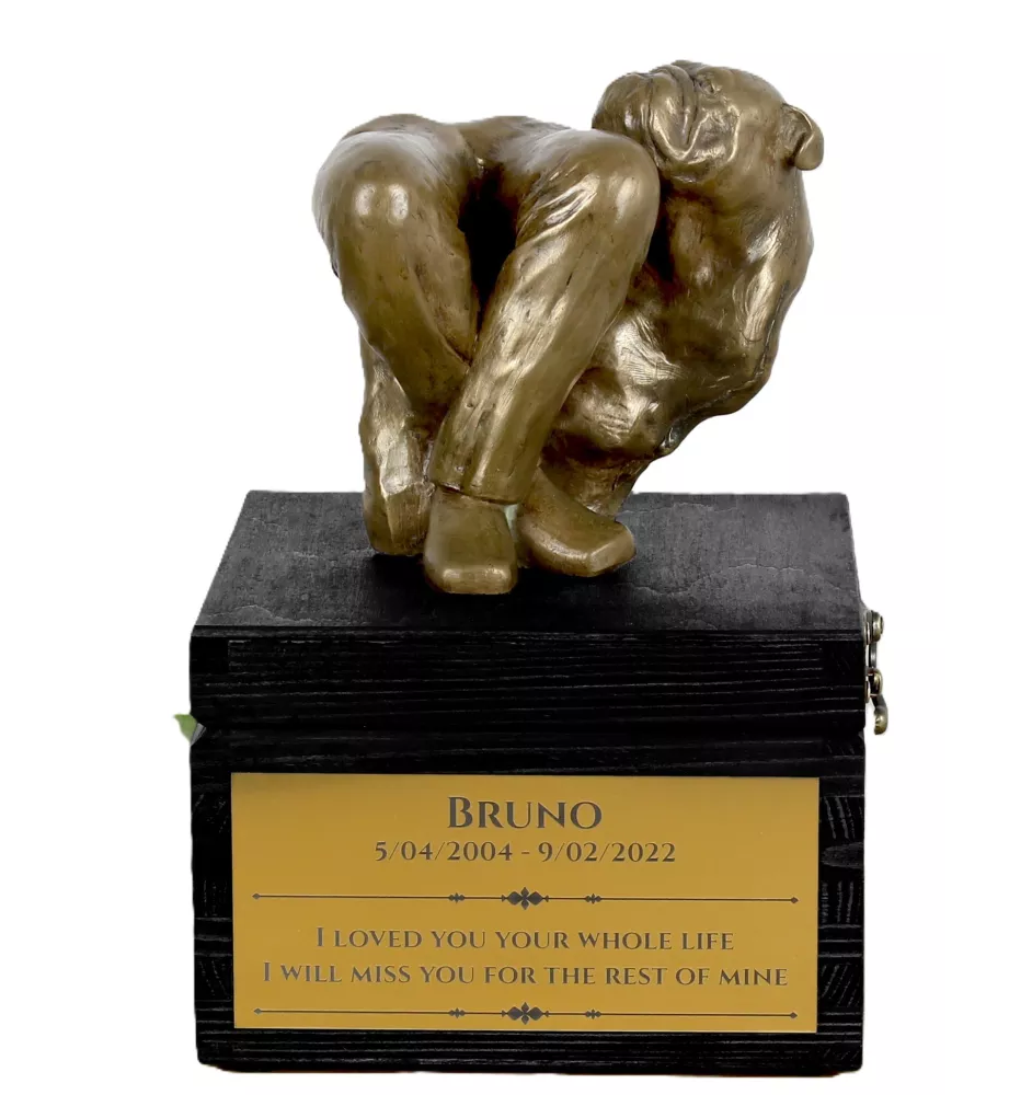 Bulldogge - eine Urne mit Gravur und Hundeskulptur, letzter Abschied, handgefertigtes Produkt der Marke Art-Dog