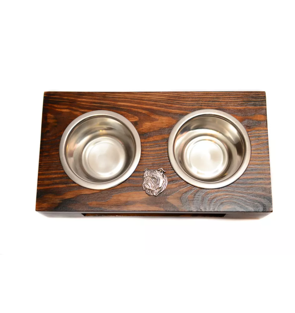 Bulldog, English Bulldog, British Bulldog I - wooden stand with bowls for a dog, steel dog bowls, a gift for adopting a dog from the Art-Dog brand